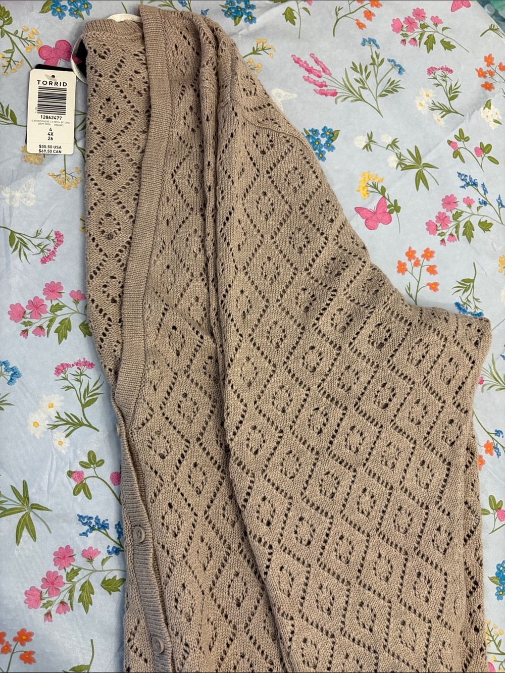 Torrid Taupe Gray Duster Length Openwork Diamond-Knit Cardigan NWT Size 4 - Picture 3 of 6